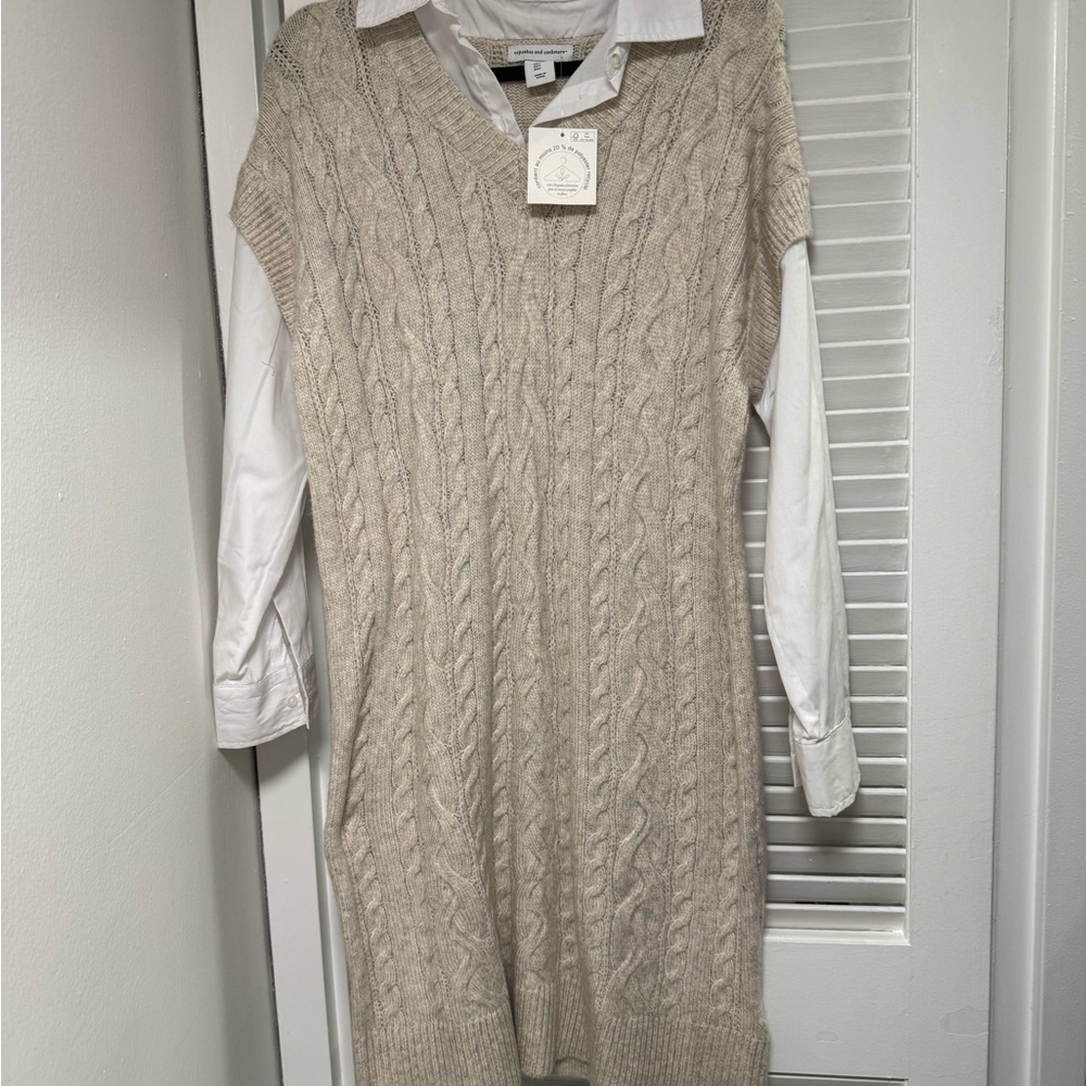 Cable Knit Sweater Dress with White Shirt underneath New with Tags Large